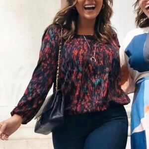 Allison Joy Blouse Colorful Square Neck Elastic Hem Blouse Made in USA Size XL